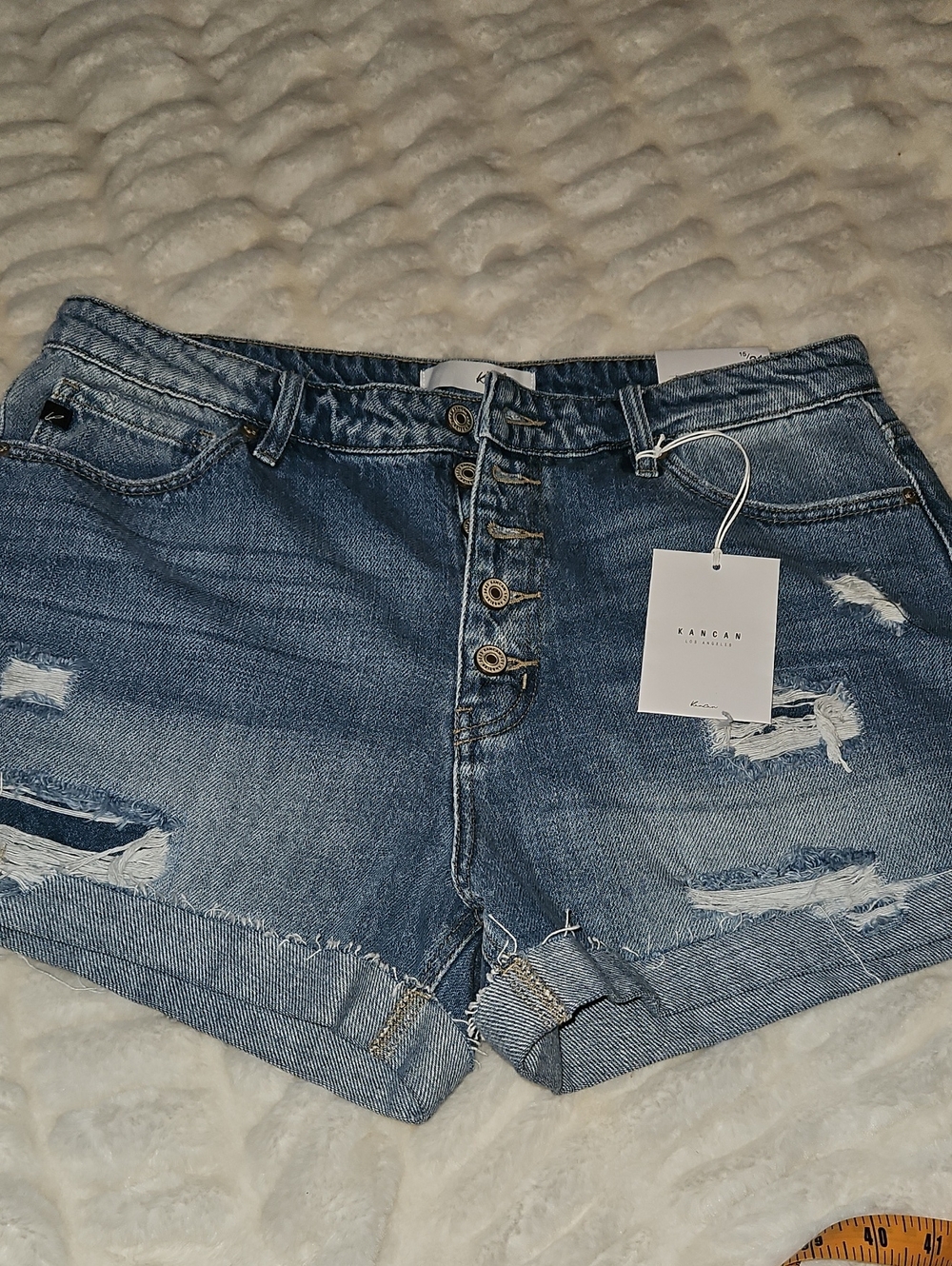 KanCan Light Blue Distressed Button-Fly Denim Shorts